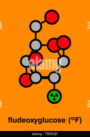 Fludeoxyglucose 18F (fluorodeoxyglucose 18F, FDG) cancer imaging diagnostic drug molecule. Contains radioactive isotope fluorine-18. Stylized skeletal formula (chemical structure). Atoms are shown as color-coded circles with thick black outlines and bonds: hydrogen (hidden), carbon (grey), oxygen (red), fluorine (green). Stock Photo