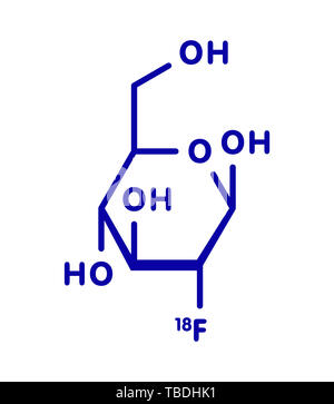 Fludeoxyglucose 18F (fluorodeoxyglucose 18F, FDG) cancer imaging diagnostic drug molecule. Contains radioactive isotope fluorine-18. Blue skeletal formula on white background. Stock Photo