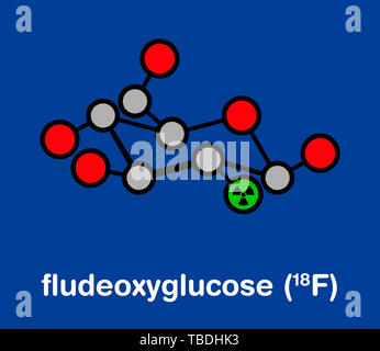 Fludeoxyglucose 18F (fluorodeoxyglucose 18F, FDG) cancer imaging diagnostic drug molecule. Contains radioactive isotope fluorine-18. Stylized skeletal formula (chemical structure). Atoms are shown as color-coded circles with thick black outlines and bonds: hydrogen (hidden), carbon (grey), oxygen (red), fluorine (green). Stock Photo