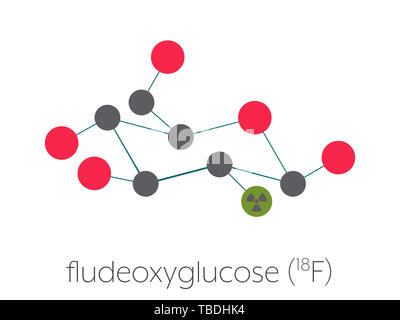 Fludeoxyglucose 18F (fluorodeoxyglucose 18F, FDG) cancer imaging diagnostic drug molecule. Contains radioactive isotope fluorine-18. Stylized skeletal formula (chemical structure). Atoms are shown as color-coded circles connected by thin bonds, on a white background: hydrogen (hidden), carbon (grey), oxygen (red), fluorine (green). Stock Photo