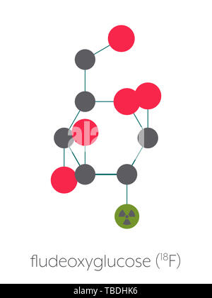 Fludeoxyglucose 18F (fluorodeoxyglucose 18F, FDG) cancer imaging diagnostic drug molecule. Contains radioactive isotope fluorine-18. Stylized skeletal formula (chemical structure). Atoms are shown as color-coded circles connected by thin bonds, on a white background: hydrogen (hidden), carbon (grey), oxygen (red), fluorine (green). Stock Photo