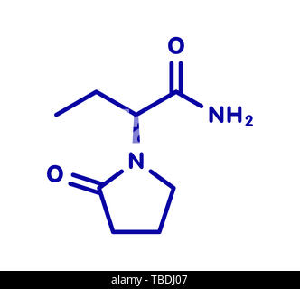 Levetiracetam epilepsy (seizures) drug molecule. S-isomer of etiracetam. Blue skeletal formula on white background. Stock Photo