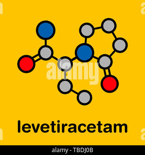 Levetiracetam epilepsy (seizures) drug molecule. S-isomer of etiracetam. Stylized skeletal formula (chemical structure). Atoms are shown as color-coded circles with thick black outlines and bonds: hydrogen (hidden), carbon (grey), oxygen (red), nitrogen (blue). Stock Photo
