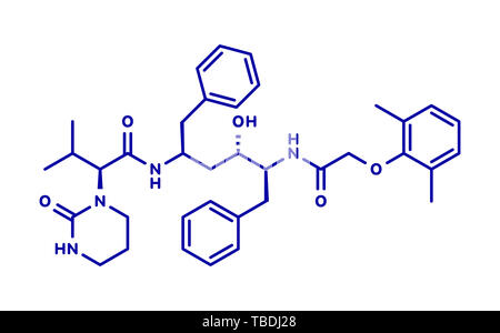 Lopinavir HIV drug molecule. Protease inhibitor class antiretroviral. Blue skeletal formula on white background. Stock Photo