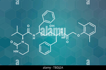 Lopinavir HIV drug molecule. Protease inhibitor class antiretroviral. White skeletal formula on dark teal gradient background with hexagonal pattern. Stock Photo