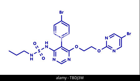 Macitentan pulmonary arterial hypertension drug molecule. Belongs to Endothelin Receptor Antagonist class. Blue skeletal formula on white background. Stock Photo
