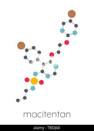 Macitentan pulmonary arterial hypertension drug molecule. Belongs to Endothelin Receptor Antagonist class. Stylized skeletal formula (chemical structure). Atoms are shown as color-coded circles connected by thin bonds, on a white background: hydrogen (hidden), carbon (grey), oxygen (red), nitrogen (blue), sulfur (yellow), bromine (brown). Stock Photo