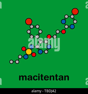 Macitentan pulmonary arterial hypertension drug molecule. Belongs to Endothelin Receptor Antagonist class. Stylized skeletal formula (chemical structure). Atoms are shown as color-coded circles with thick black outlines and bonds: hydrogen (hidden), carbon (grey), oxygen (red), nitrogen (blue), sulfur (yellow), bromine (brown). Stock Photo