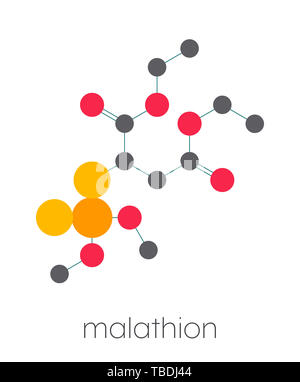 Malathion insecticide molecule. Used to treat head lice, body lice, scabies and in agriculture. Stylized skeletal formula (chemical structure). Atoms are shown as color-coded circles connected by thin bonds, on a white background: hydrogen (hidden), carbon (grey), oxygen (red), sulfur (yellow), phosphorus (orange). Stock Photo