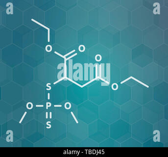 Malathion insecticide molecule. Used to treat head lice, body lice, scabies and in agriculture. White skeletal formula on dark teal gradient background with hexagonal pattern. Stock Photo