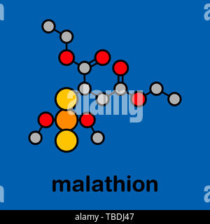Malathion insecticide molecule. Used to treat head lice, body lice, scabies and in agriculture. Stylized skeletal formula (chemical structure). Atoms are shown as color-coded circles with thick black outlines and bonds: hydrogen (hidden), carbon (grey), oxygen (red), sulfur (yellow), phosphorus (orange). Stock Photo