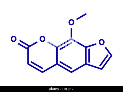 Methoxsalen (psoralen) skin disease drug molecule. Used in PUVA therapy in combination with UVA radiation. Blue skeletal formula on white background. Stock Photo