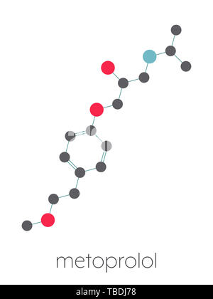 Metoprolol high blood pressure drug molecule (beta blocker). Stylized skeletal formula (chemical structure). Atoms are shown as color-coded circles connected by thin bonds, on a white background: hydrogen (hidden), carbon (grey), oxygen (red), nitrogen (blue). Stock Photo