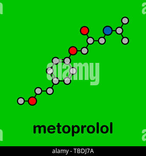 Metoprolol high blood pressure drug molecule (beta blocker). Stylized skeletal formula (chemical structure). Atoms are shown as color-coded circles with thick black outlines and bonds: hydrogen (hidden), carbon (grey), oxygen (red), nitrogen (blue). Stock Photo