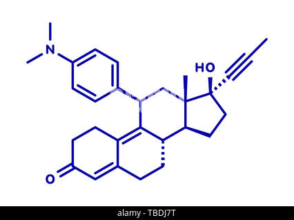 Mifepristone abortion-inducing drug molecule. Also used as emergency contraceptive agent. Blue skeletal formula on white background. Stock Photo