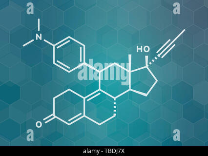 Mifepristone abortion-inducing drug molecule. Also used as emergency contraceptive agent. White skeletal formula on dark teal gradient background with hexagonal pattern. Stock Photo