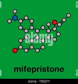 Mifepristone abortion-inducing drug molecule. Also used as emergency contraceptive agent. Stylized skeletal formula (chemical structure). Atoms are shown as color-coded circles with thick black outlines and bonds: hydrogen (hidden), carbon (grey), oxygen (red), nitrogen (blue) Stock Photo