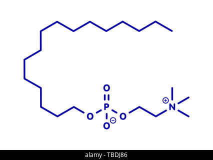 Miltefosine leishmaniasis drug molecule. Blue skeletal formula on white background. Stock Photo