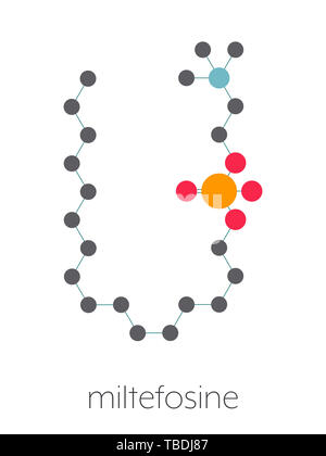 Miltefosine leishmaniasis drug molecule. Stylized skeletal formula (chemical structure). Atoms are shown as color-coded circles connected by thin bonds, on a white background: hydrogen (hidden), carbon (grey), oxygen (red), nitrogen (blue), phosphorus (orange). Stock Photo