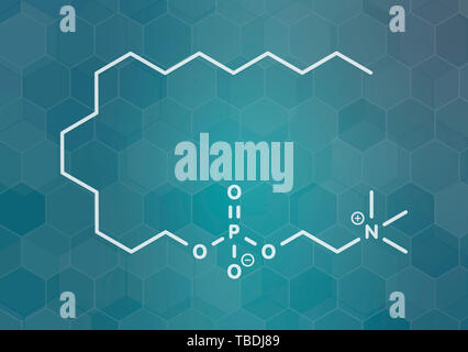 Miltefosine leishmaniasis drug molecule. White skeletal formula on dark teal gradient background with hexagonal pattern. Stock Photo