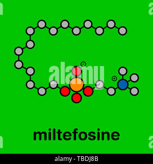 Miltefosine leishmaniasis drug molecule. Stylized skeletal formula (chemical structure). Atoms are shown as color-coded circles with thick black outlines and bonds: hydrogen (hidden), carbon (grey), oxygen (red), nitrogen (blue), phosphorus (orange). Stock Photo