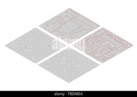 Two different mazes of high complexity in isometric view isolated on white and solution with red paths Stock Vector