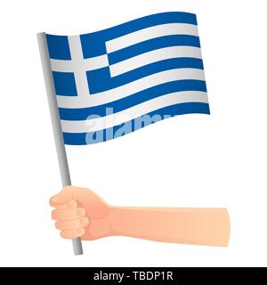 Greece flag in hand. Patriotic background. National flag of Greece  illustration Stock Photo