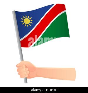 Namibia flag in hand. Patriotic background. National flag of Namibia  illustration Stock Photo