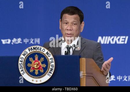 Tokyo, Japan. 31st May, 2019. Rodrigo Roa Duterte President of the Republic of the Philippines speaks during the 25th International Conference on The Future of Asia in Tokyo. The annual event invites leaders from Asian countries for two days to discuss issues that affect their countries including the Trans-Pacific Partnership trade agreement (TPP) and the influence of US-China trade war. The theme of this year is ''Seeking a new global order -- Overcoming the chaos' Credit: Rodrigo Reyes Marin/ZUMA Wire/Alamy Live News Stock Photo
