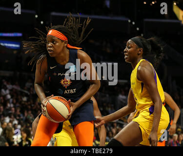 Connecticut Sun forward Jonquel Jones #35 during the Connecticut Sun vs Los Angeles Sparks game at Staples Center in Los Angeles, Ca on May 31, 2019. (Photo by Jevone Moore) Stock Photo