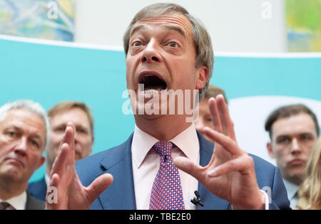 Beijing, Britain. 27th May, 2019. Brexit Party leader Nigel Farage speaks to the media at a Brexit Party event in London, Britain, on May 27, 2019. Credit: Ray Tang/Xinhua/Alamy Live News Stock Photo