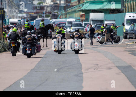 Brighton, UK. Saturday 1 June 2019.  Thousands of Hells Angels bikers take part in a three-day event to mark the club’s 50th anniversary in the UK at  madeira drive Brighton,© Jason Richardson / Alamy Live News Stock Photo