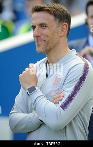BRIGHTON, United Kingdom. 01st June, 2019. England women's head coach Phil Neville prior to Women's International Friendly between England Women and New Zealand Women at Falmer Stadium Stadium, Brighton, on 01 June 2019 Credit: Action Foto Sport/Alamy Live News Stock Photo
