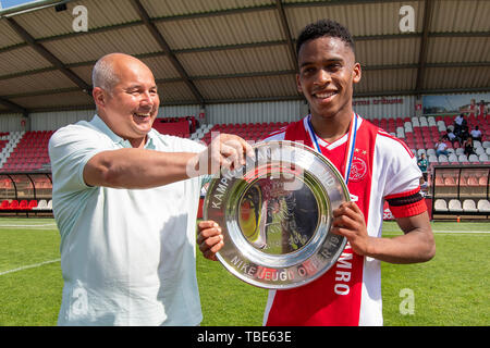 Amsterdam, Netherlands. 01st June, 2019. AMSTERDAM, 01-06-2019, Sportpark de Toekomst, season 2018/2019, Ajax U19 - Feyenoord U19, Ajax U19 Player Jurrien Timber celebrate the championship Credit: Pro Shots/Alamy Live News Stock Photo