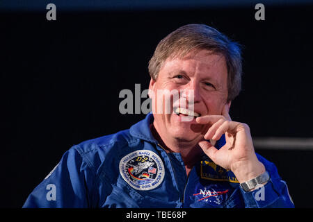 Munich, Germany. 01st June, 2019. Ulrich Walter, German astronaut, sits on the podium of the Deutsches Museum at an event marking the 50th anniversary of the moon landing. Credit: Matthias Balk/dpa/Alamy Live News Stock Photo