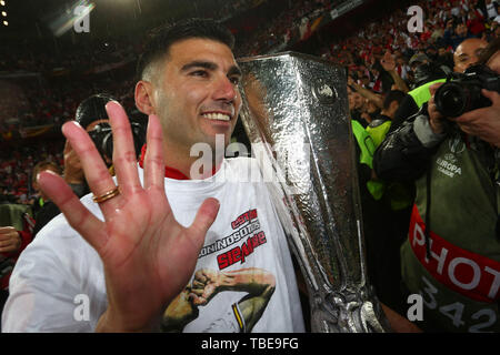 June 1, 2019, Basel, Switzerland: JOSE ANTONIO REYES, the former Arsenal and Sevilla forward, has died in a traffic accident aged 35. Reyes last played for Spanish second tier side Extremadura, Real Madrid and Atletico Madrid among other sides and the Spain national team, whom he represented at the 2006 World Cup. Details of the car accident are scare. Local reports say the incident took place on the motorway between Utrera and Sevilla. PICTURED: May 18, 2016, Basel, Switzerland: Jose Antonio Reyes of Sevilla celebrates with the cup during the UEFA Europa League Final match at the St. Jakob-Pa Stock Photo