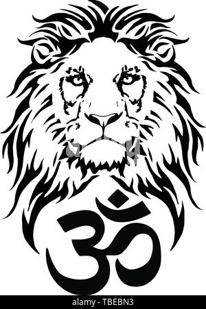 Lion and the symbol of Hindu (OM), drawing for tattoo, on a white background, vector Stock Vector