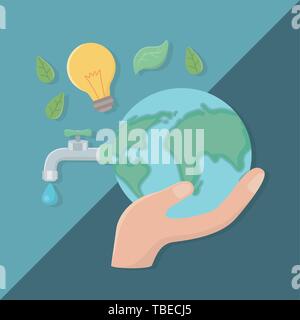 Hand holding planet design, Save energy ecology power eco and environment theme Vector illustration Stock Vector