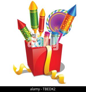 Red box with colorful holiday fireworks isolated on white background. Sample of poster, party holiday invitation, festive card. Vector cartoon close Stock Vector