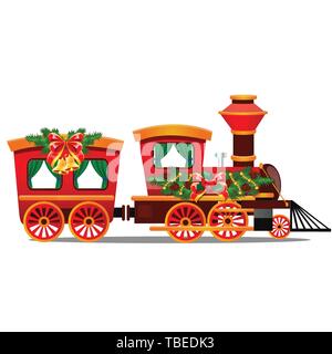 Little red train with wagons decorated red ribbon and Christmas decoration isolated on white background. Sample of poster, party holiday invitation Stock Vector