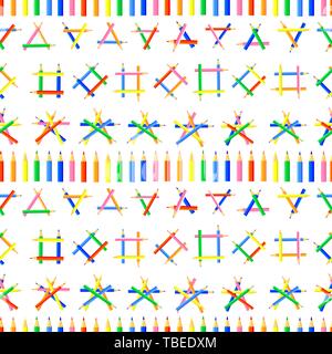 Vector  seamless pattern. A row of colored pencils and various shapes created from pointed pencils. Background site for artists, fabrics, children. Stock Vector