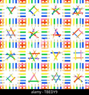 Vector seamless pattern.Rows of colored pencils, forming squares and different shapes in these squares.Background site for artists,fabrics, children. Stock Vector