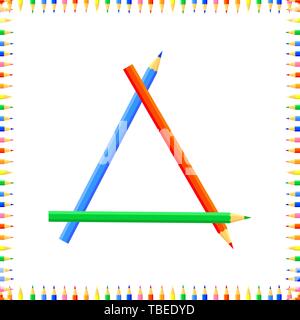 Vector colored seamless pattern. Rows of colored pointy pencils form a frame. Inside the triangle. Good background site for artists, fabrics, children Stock Vector