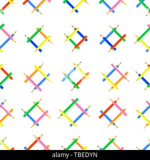 Vector seamless pattern. Triangular shapes created from colored pencils. The pointed sides of colored pencils are directed in different directions. Stock Vector