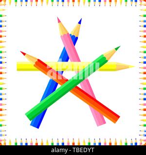 Vector colored seamless pattern. Rows of colored pointy pencils form a frame. Inside is a pentagon. Good background site for artists, fabrics, childre Stock Vector