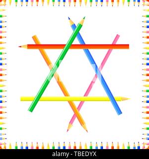 Vector colored seamless pattern. Rows of colored pointy pencils form a frame. Inside the hexagon. Good background site for artists, fabrics, children. Stock Vector