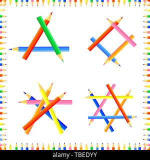 Vector colored seamless pattern. Rows of pointed pencils form a frame. Inside are four figures. Good background site for artists, fabrics, children. Stock Vector