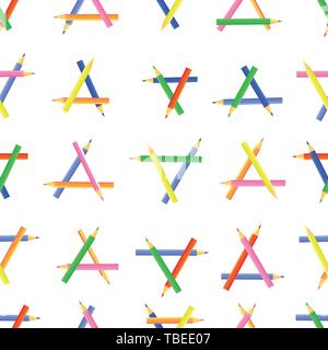 Vector seamless pattern. Triangular shapes created from colored pencils. The pointed sides of colored pencils are directed in different directions. Stock Vector
