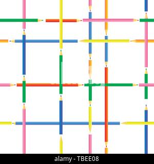 Vector seamless pattern. Rectangular shapes created from colored pencils of different lengths. Pointed colored pencils for artists and children. Stock Vector