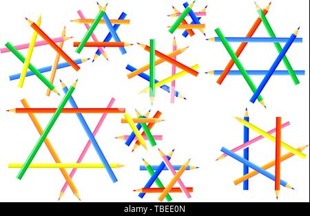 Hexagonal shapes are  created from pointed colored pencils. Interesting webpage for artists and children. Vector illustration. Stock Vector